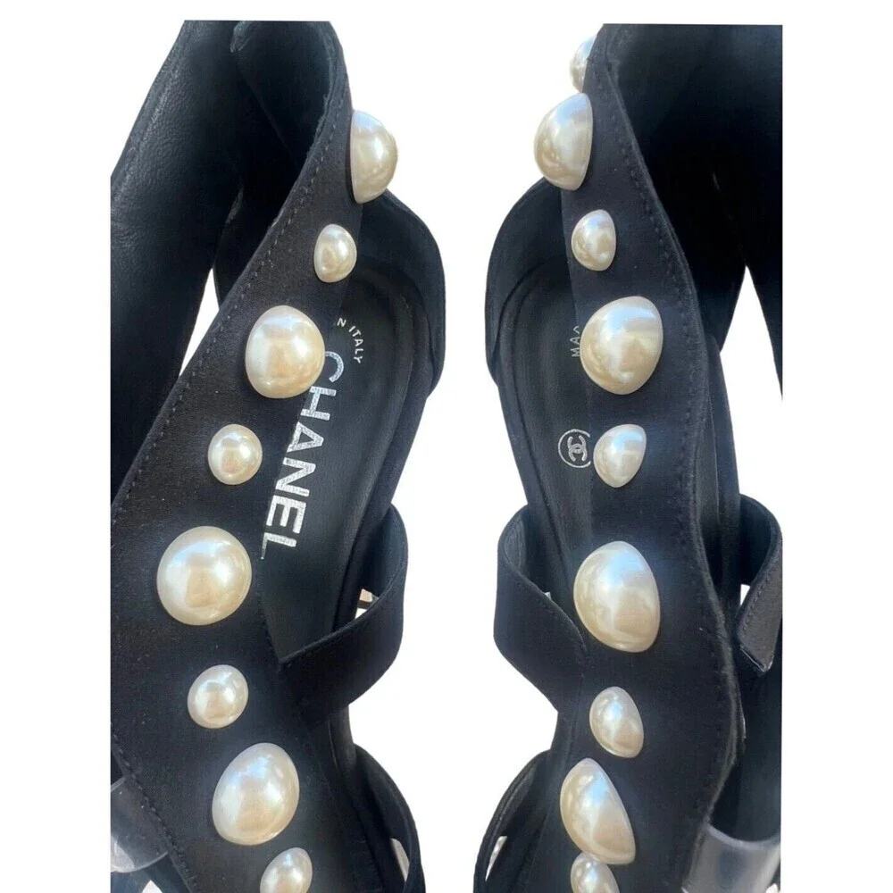 Chanel Black Strap Pearl Embellished Heels